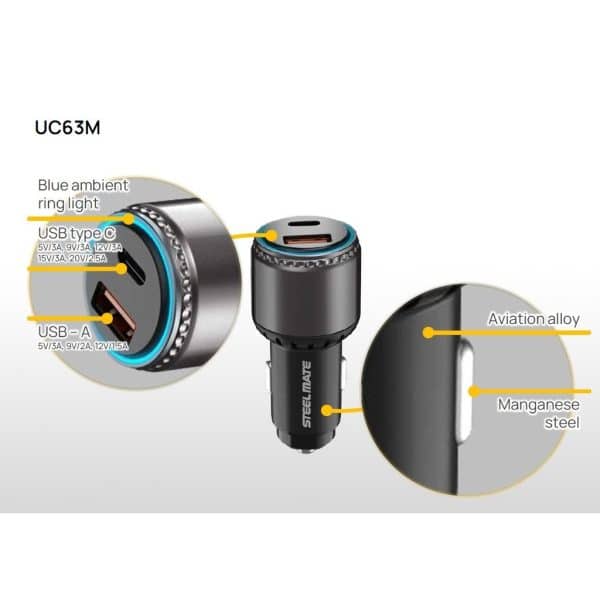 Auto punjač ,USB-C + USB-A, 63W, UC63M - Slika 3