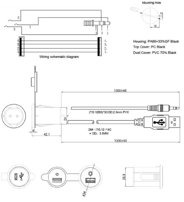 AUX/USB produžni kabel dužine 1 m sa utičnicom za ugradnju, MY1121 - Slika 5